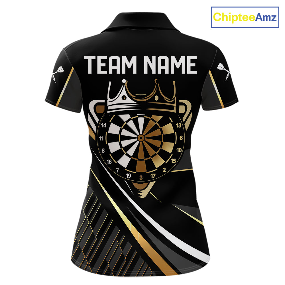 Black And Gold Custom Crown Darts Shirt For Women, Darts League Team Jersey Polo & Quarter Zip TDM7966