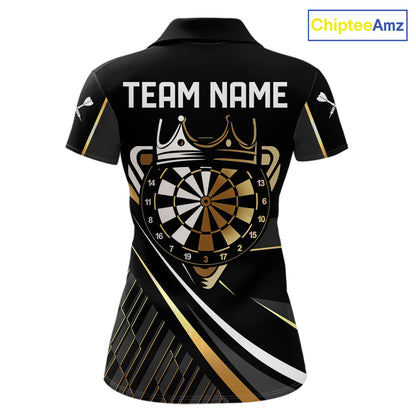 Black And Gold Custom Crown Darts Shirt For Women, Darts League Team Jersey Polo & Quarter Zip TDM7966