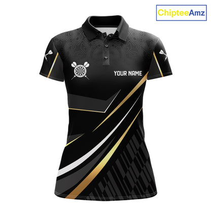 Black And Gold Custom Crown Darts Shirt For Women, Darts League Team Jersey Polo & Quarter Zip TDM7966