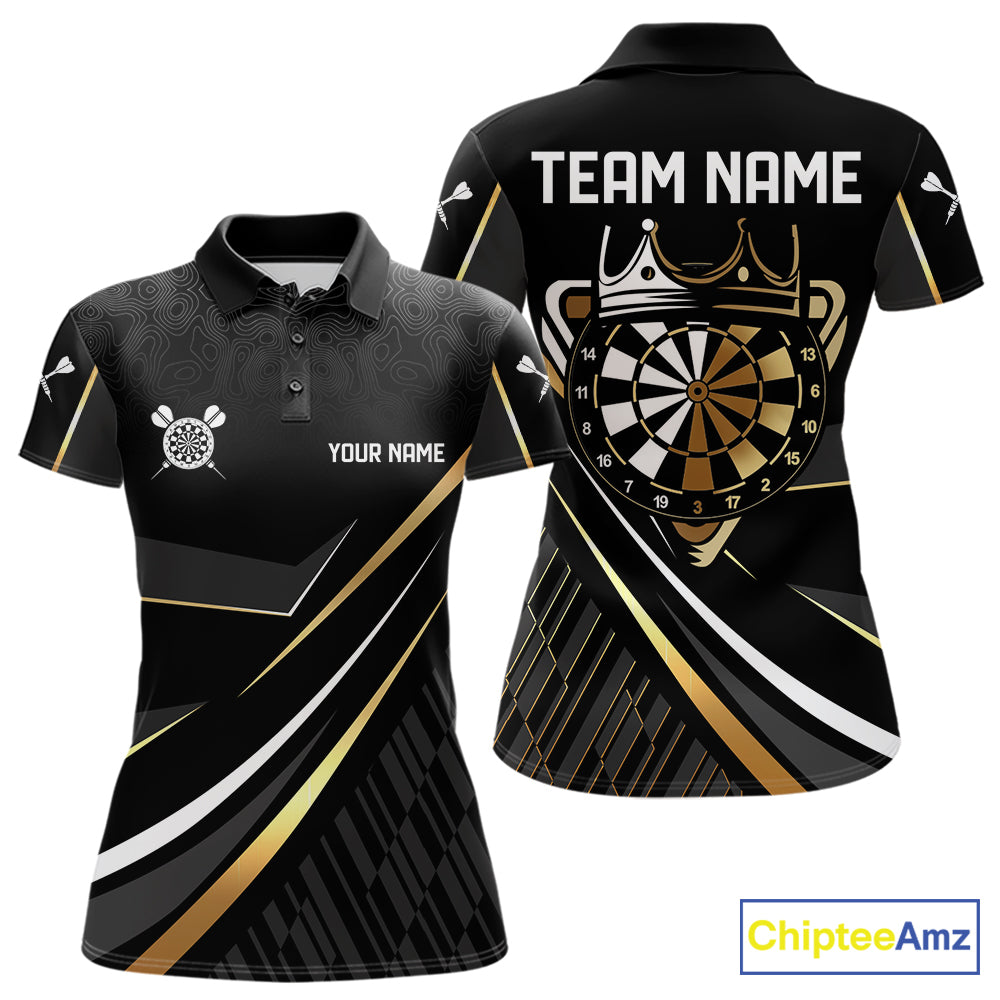 Black And Gold Custom Crown Darts Shirt For Women, Darts League Team Jersey Polo & Quarter Zip TDM7966