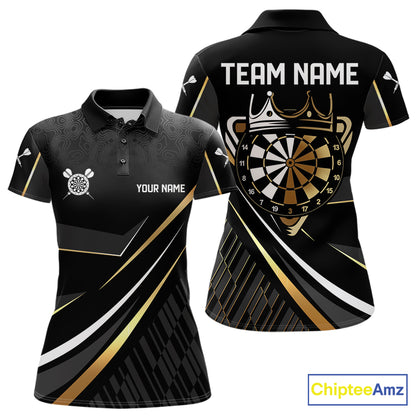 Black And Gold Custom Crown Darts Shirt For Women, Darts League Team Jersey Polo & Quarter Zip TDM7966