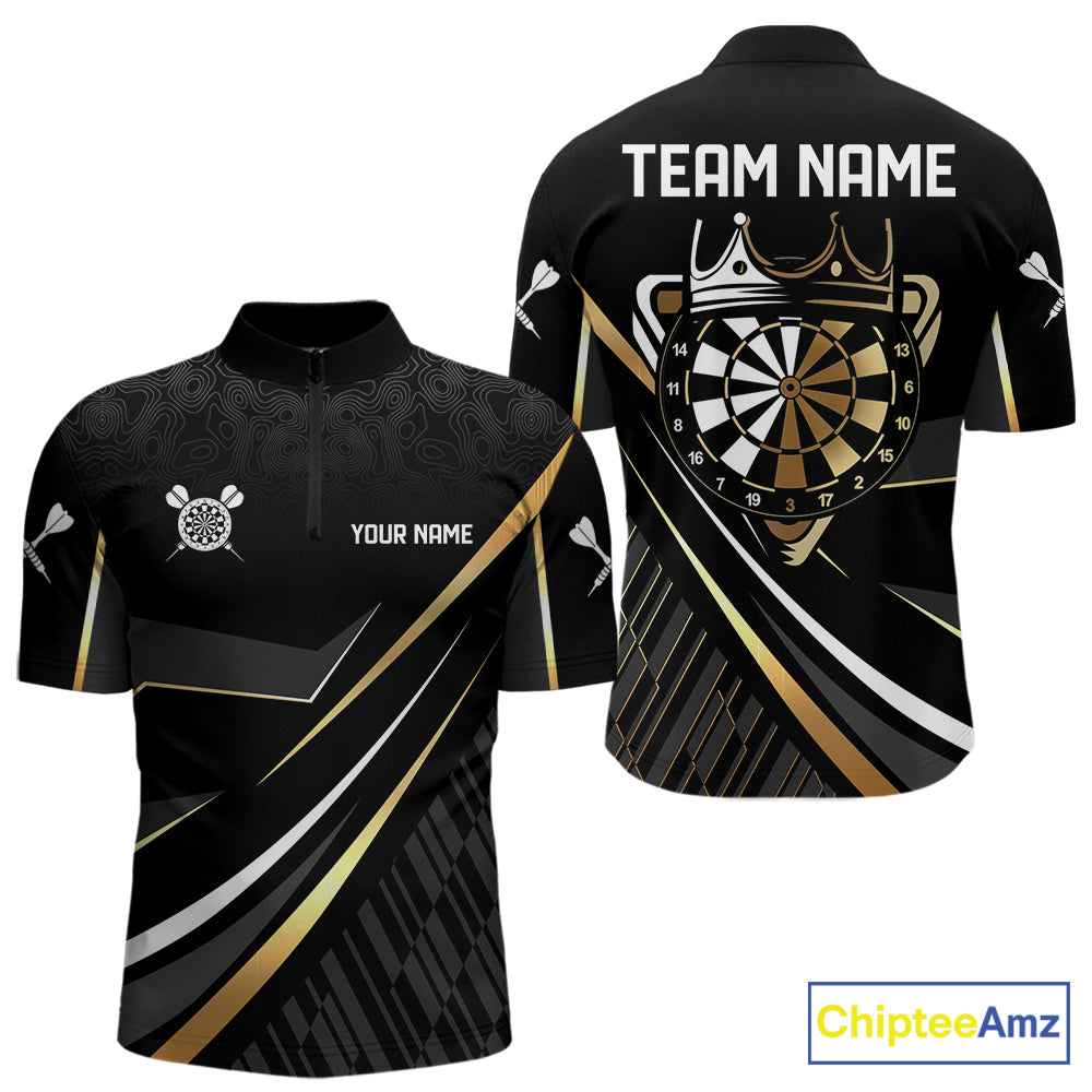 Black And Gold Custom Crown Darts Shirt For Men, Darts League Team Jersey Polo & Quarter Zip TDM7966