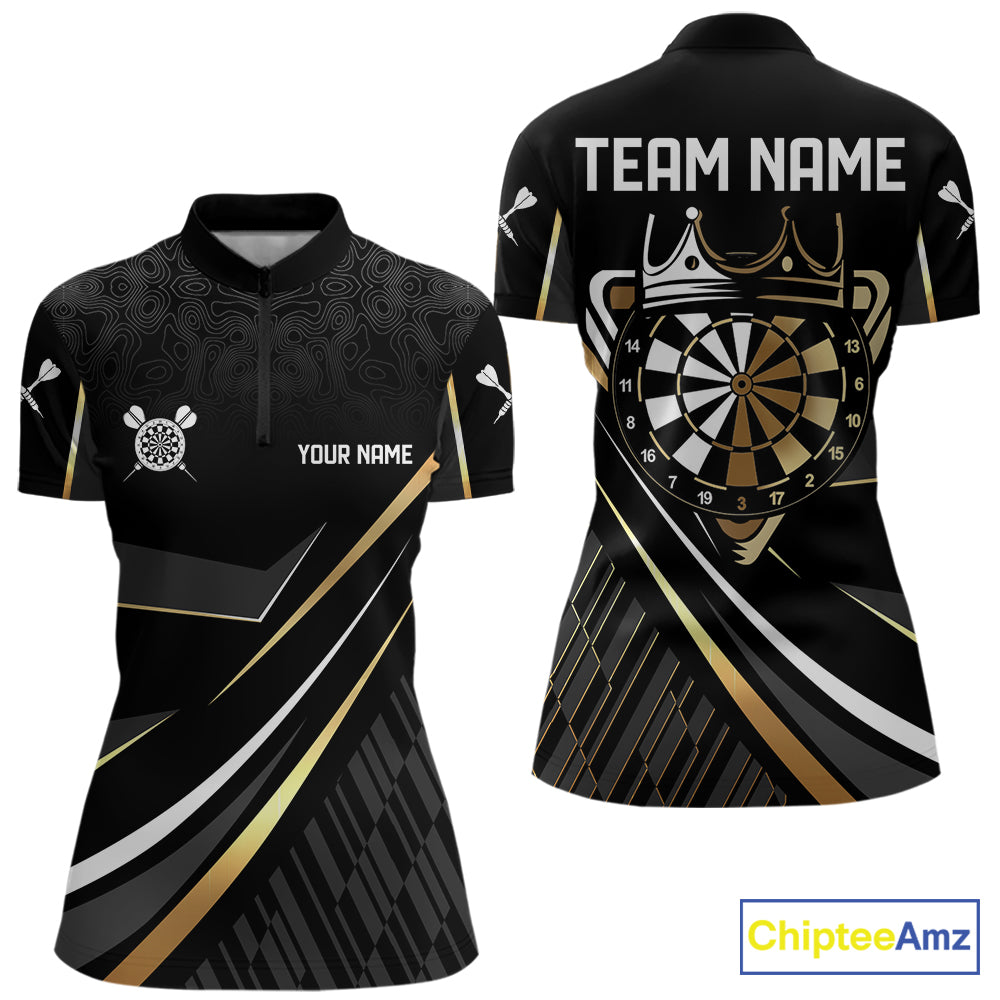 Black And Gold Custom Crown Darts Shirt For Women, Darts League Team Jersey Polo & Quarter Zip TDM7966
