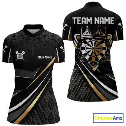 Black And Gold Custom Crown Darts Shirt For Women, Darts League Team Jersey Polo & Quarter Zip TDM7966