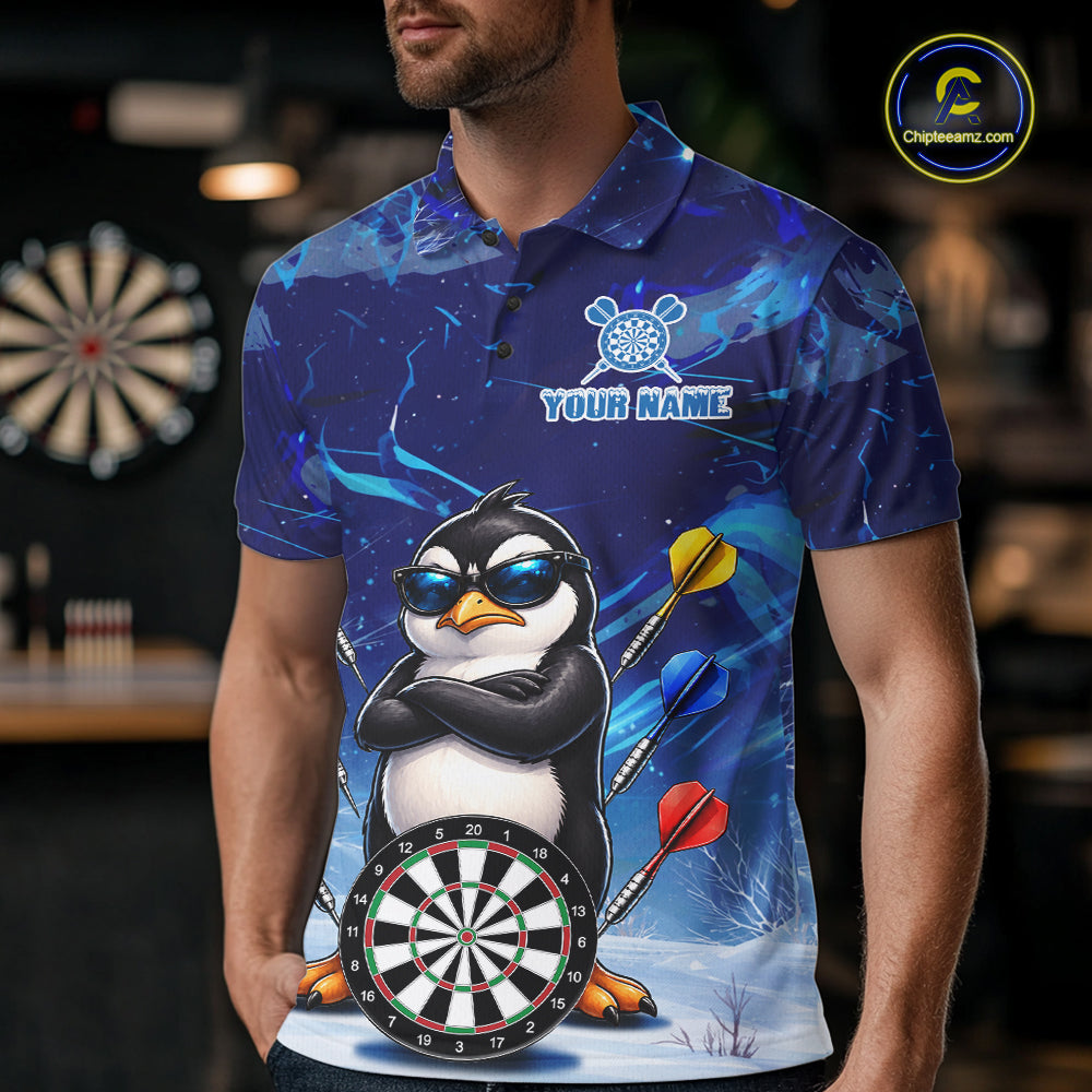 Personalized Blue Funny Penguin Darts Shirt For Men Custom Darts Jersey Team Polo & 1/4 Zip TDM7972