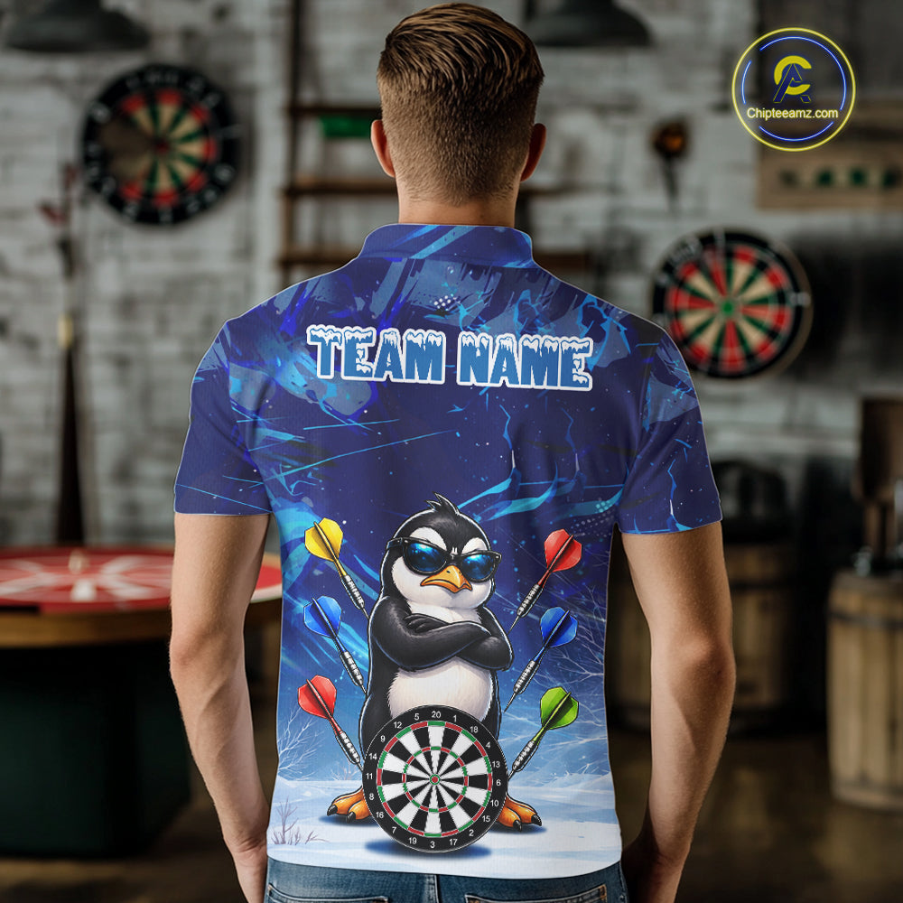 Personalized Blue Funny Penguin Darts Shirt For Men Custom Darts Jersey Team Polo & 1/4 Zip TDM7972