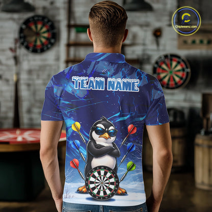 Personalized Blue Funny Penguin Darts Shirt For Men Custom Darts Jersey Team Polo & 1/4 Zip TDM7972