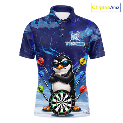Personalized Blue Funny Penguin Darts Shirt For Men Custom Darts Jersey Team Polo & 1/4 Zip TDM7972