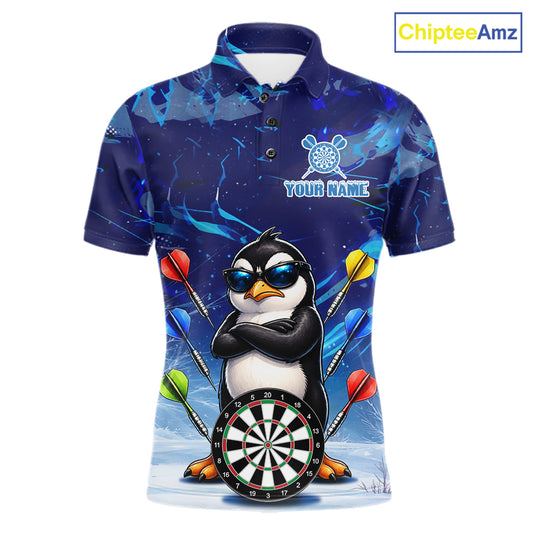 Personalized Blue Funny Penguin Darts Shirt For Men Custom Darts Jersey Team Polo & 1/4 Zip TDM7972