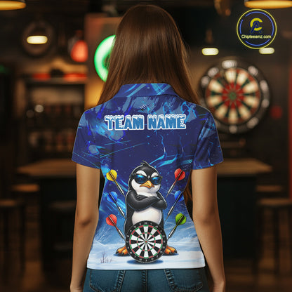 Personalized Blue Funny Penguin Darts Shirt For Women Custom Darts Jersey Team Polo & 1/4 Zip TDM7972