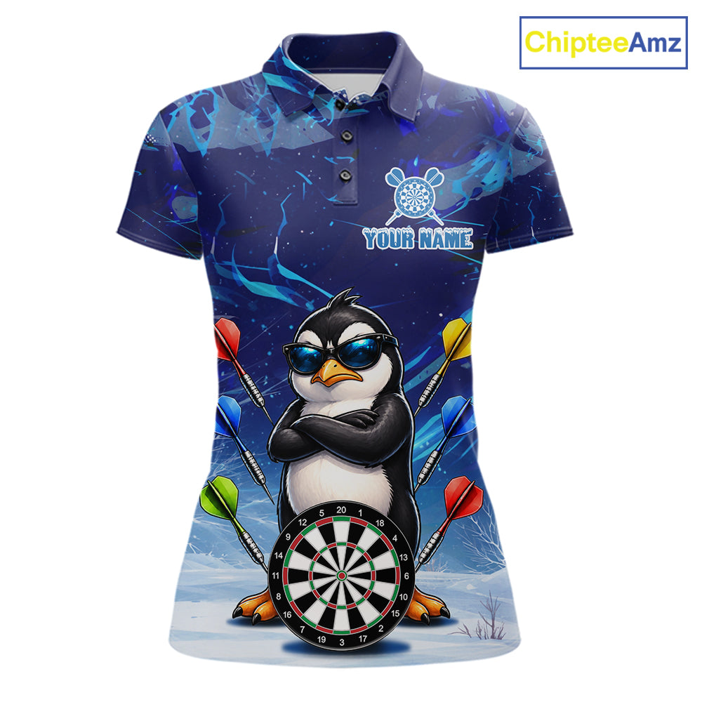 Personalized Blue Funny Penguin Darts Shirt For Women Custom Darts Jersey Team Polo & 1/4 Zip TDM7972