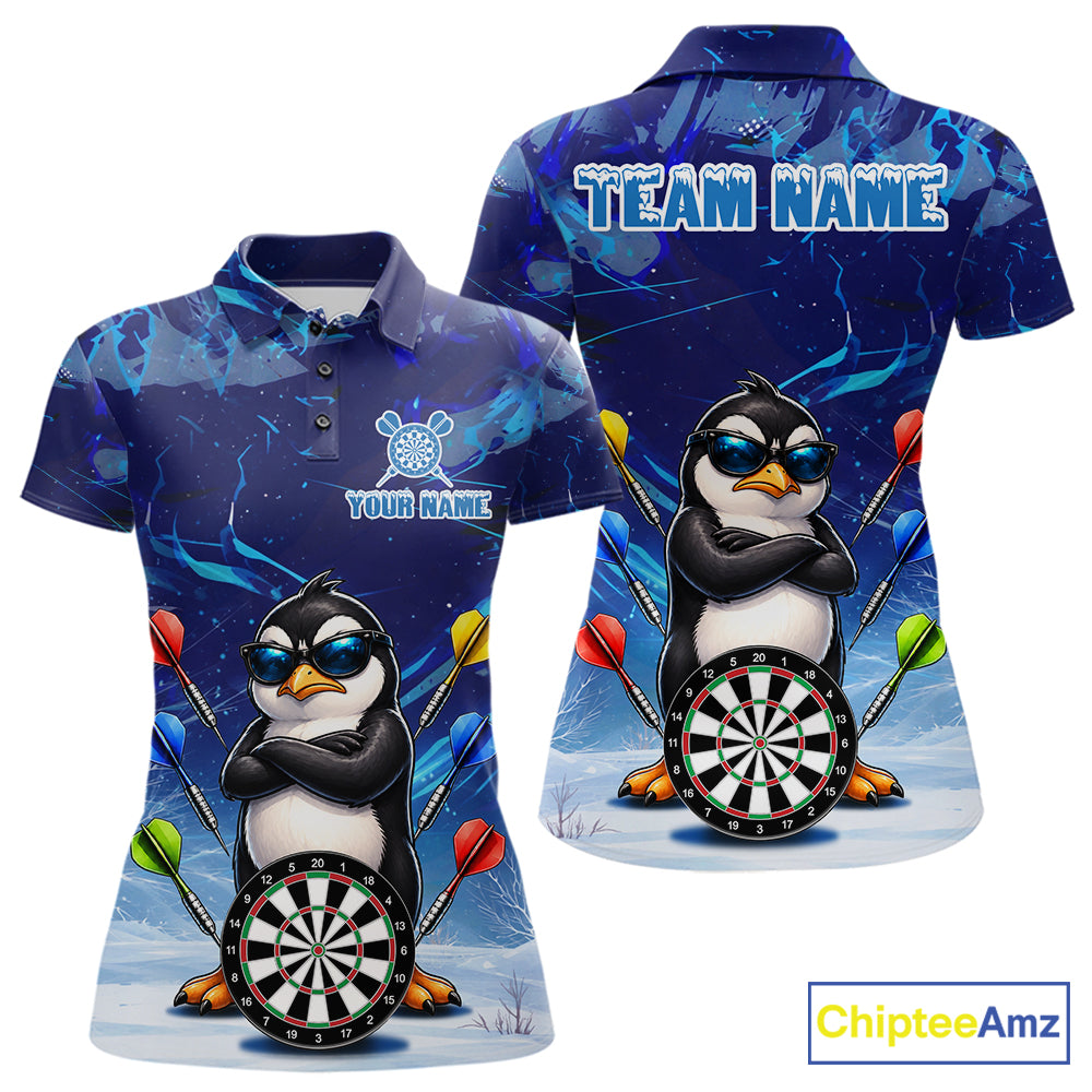 Personalized Blue Funny Penguin Darts Shirt For Women Custom Darts Jersey Team Polo & 1/4 Zip TDM7972