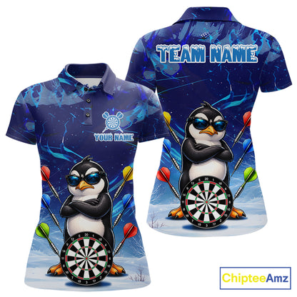 Personalized Blue Funny Penguin Darts Shirt For Women Custom Darts Jersey Team Polo & 1/4 Zip TDM7972