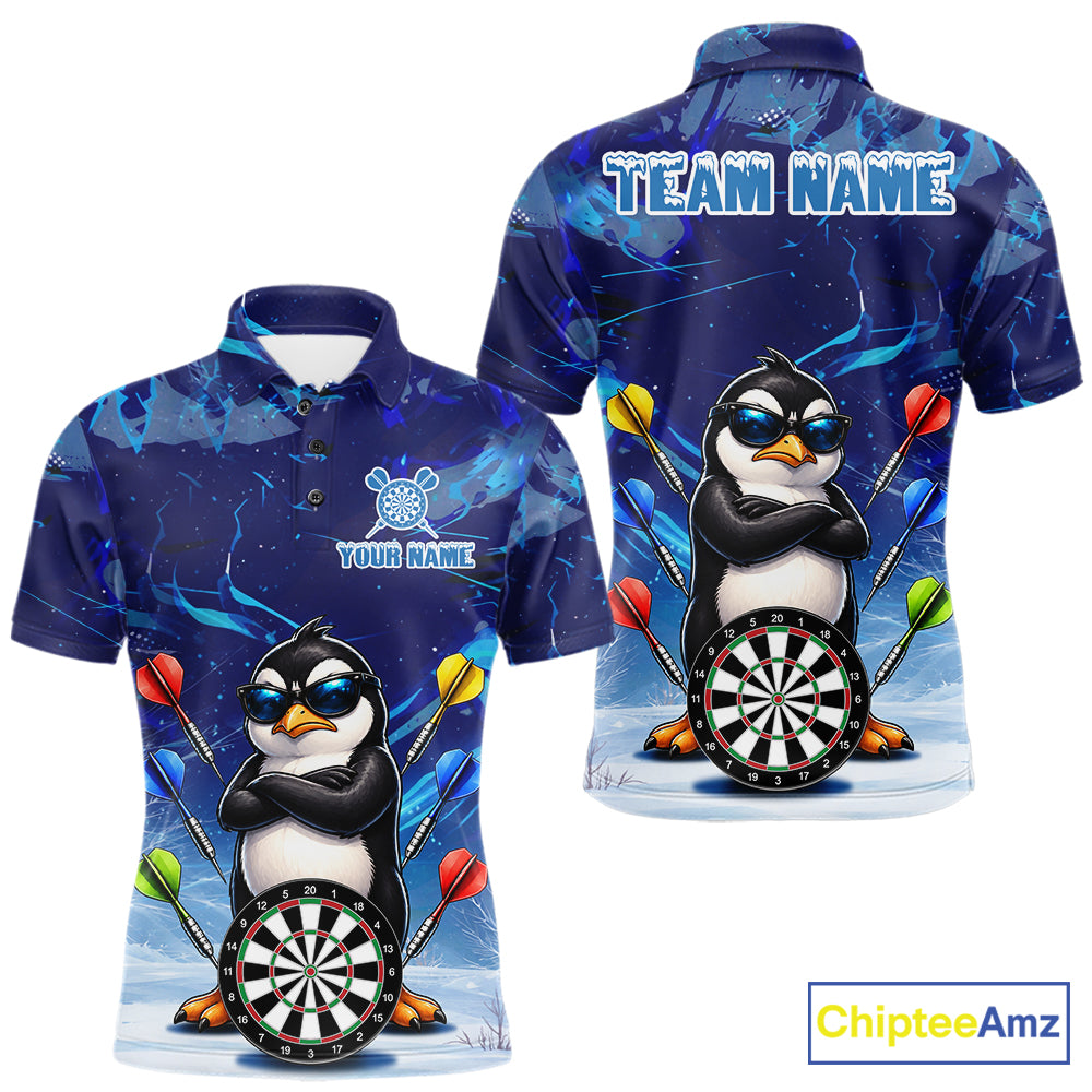 Personalized Blue Funny Penguin Darts Shirt For Men Custom Darts Jersey Team Polo & 1/4 Zip TDM7972