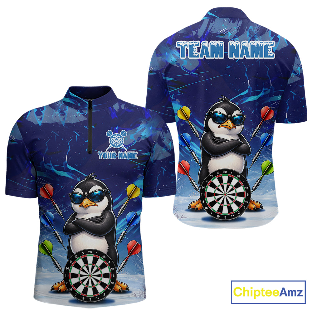 Personalized Blue Funny Penguin Darts Shirt For Men Custom Darts Jersey Team Polo & 1/4 Zip TDM7972