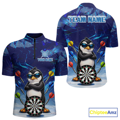 Personalized Blue Funny Penguin Darts Shirt For Men Custom Darts Jersey Team Polo & 1/4 Zip TDM7972