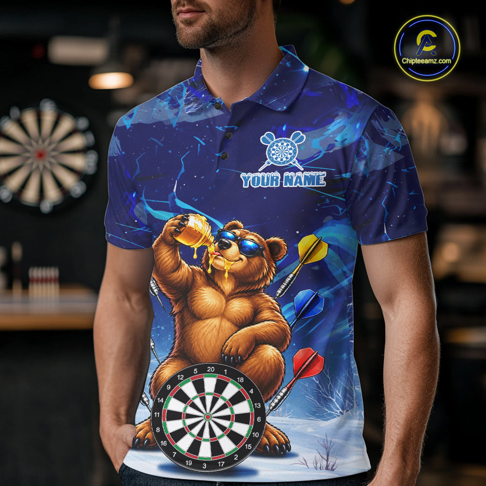 Personalized Blue Funny Bear Darts Shirt For Men Custom Darts Jersey Team Polo & Quarter Zip TDM7973