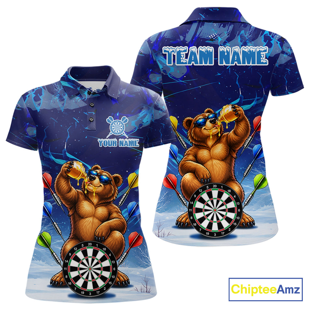 Personalized Blue Funny Bear Darts Shirt For Women Custom Darts Jersey Team Polo & Quarter Zip TDM7973