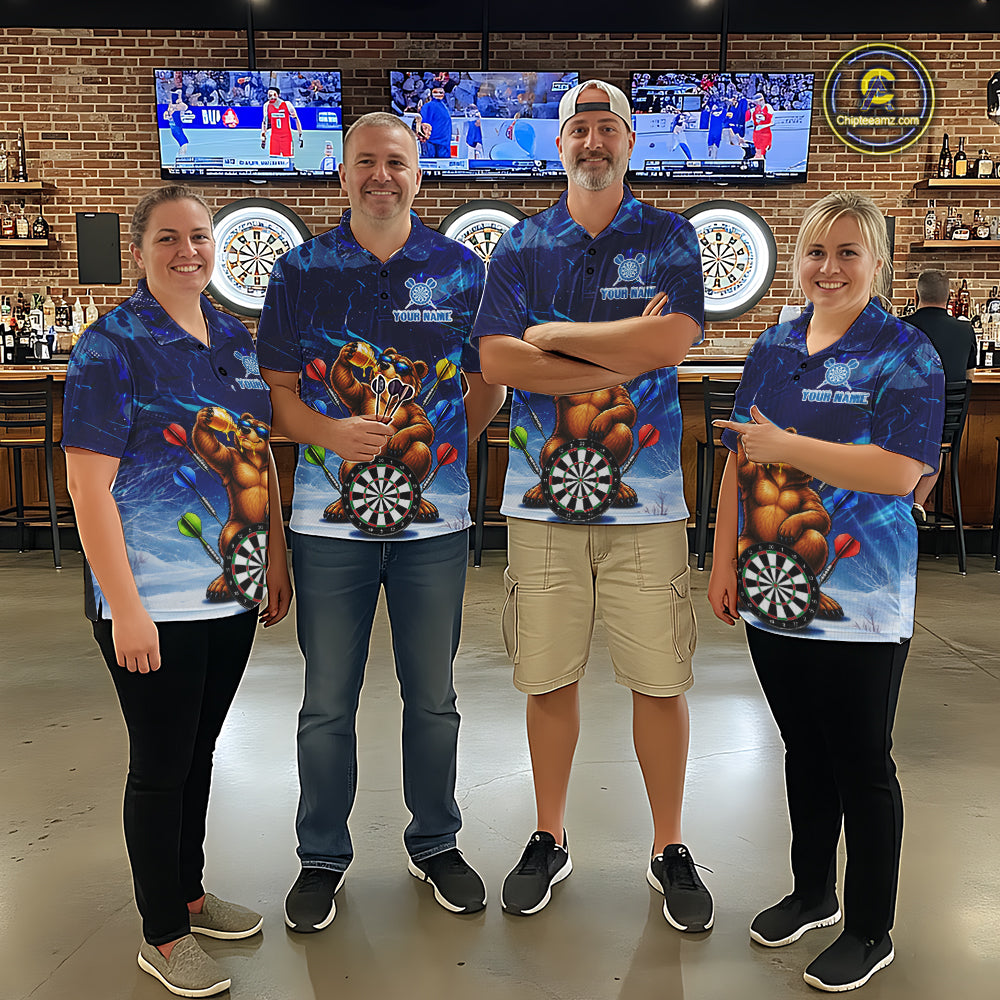 Personalized Blue Funny Bear Darts Shirt For Men Custom Darts Jersey Team Polo & Quarter Zip TDM7973
