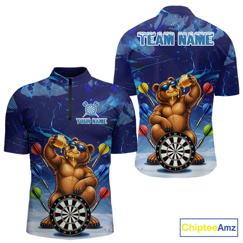 Personalized Blue Funny Bear Darts Shirt For Men Custom Darts Jersey Team Polo & Quarter Zip TDM7973