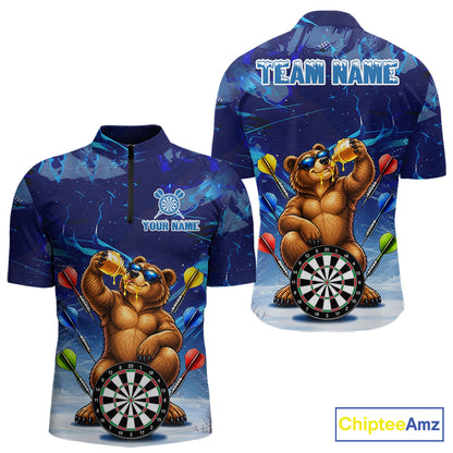 Personalized Blue Funny Bear Darts Shirt For Men Custom Darts Jersey Team Polo & Quarter Zip TDM7973