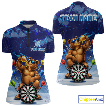 Personalized Blue Funny Bear Darts Shirt For Women Custom Darts Jersey Team Polo & Quarter Zip TDM7973
