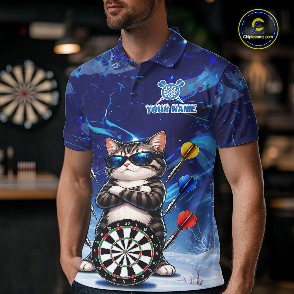 Personalized Blue Funny Cat Darts Shirt For Men Custom Darts Jersey Team Polo & Quarter Zip TDM7974
