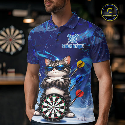 Personalized Blue Funny Cat Darts Shirt For Men Custom Darts Jersey Team Polo & Quarter Zip TDM7974