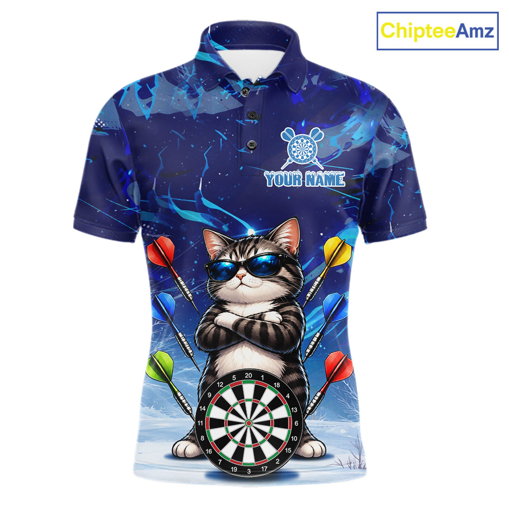 Personalized Blue Funny Cat Darts Shirt For Men Custom Darts Jersey Team Polo & Quarter Zip TDM7974