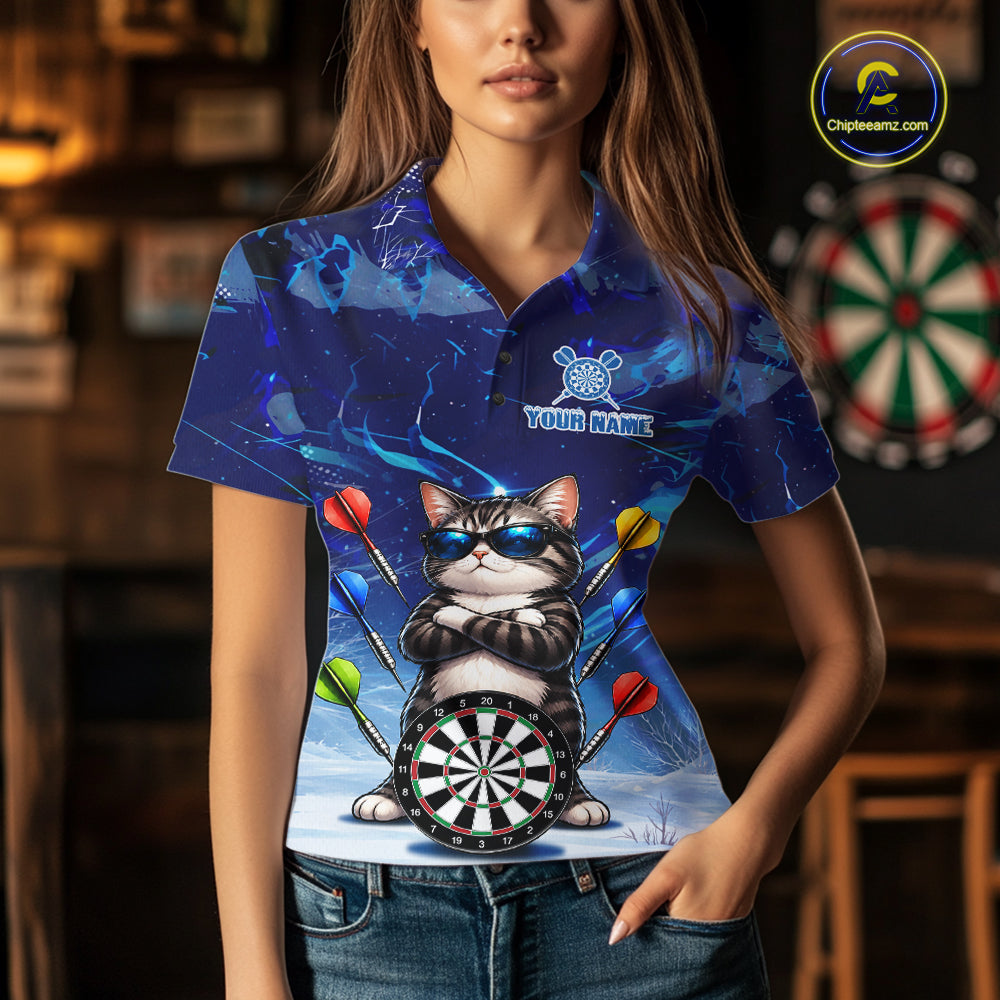 Personalized Blue Funny Cat Darts Shirt For Women Custom Darts Jersey Team Polo & Quarter Zip TDM7974