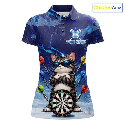 Personalized Blue Funny Cat Darts Shirt For Women Custom Darts Jersey Team Polo & Quarter Zip TDM7974