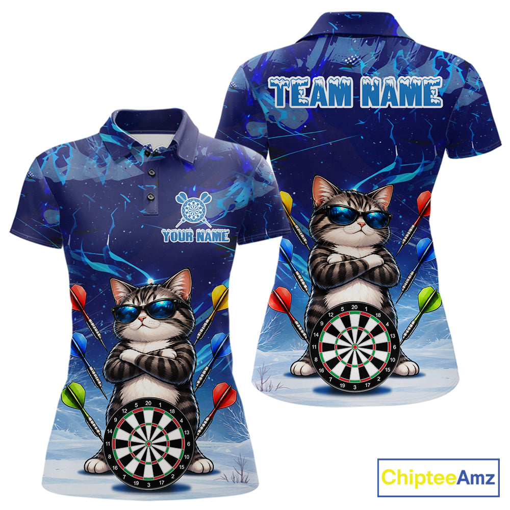 Personalized Blue Funny Cat Darts Shirt For Women Custom Darts Jersey Team Polo & Quarter Zip TDM7974