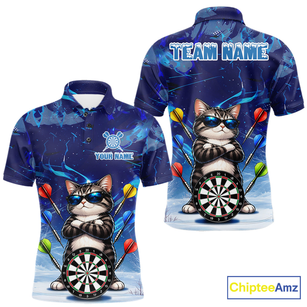 Personalized Blue Funny Cat Darts Shirt For Men Custom Darts Jersey Team Polo & Quarter Zip TDM7974
