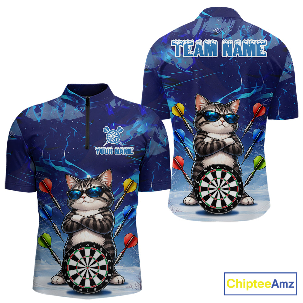 Personalized Blue Funny Cat Darts Shirt For Men Custom Darts Jersey Team Polo & Quarter Zip TDM7974