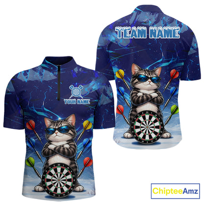 Personalized Blue Funny Cat Darts Shirt For Men Custom Darts Jersey Team Polo & Quarter Zip TDM7974