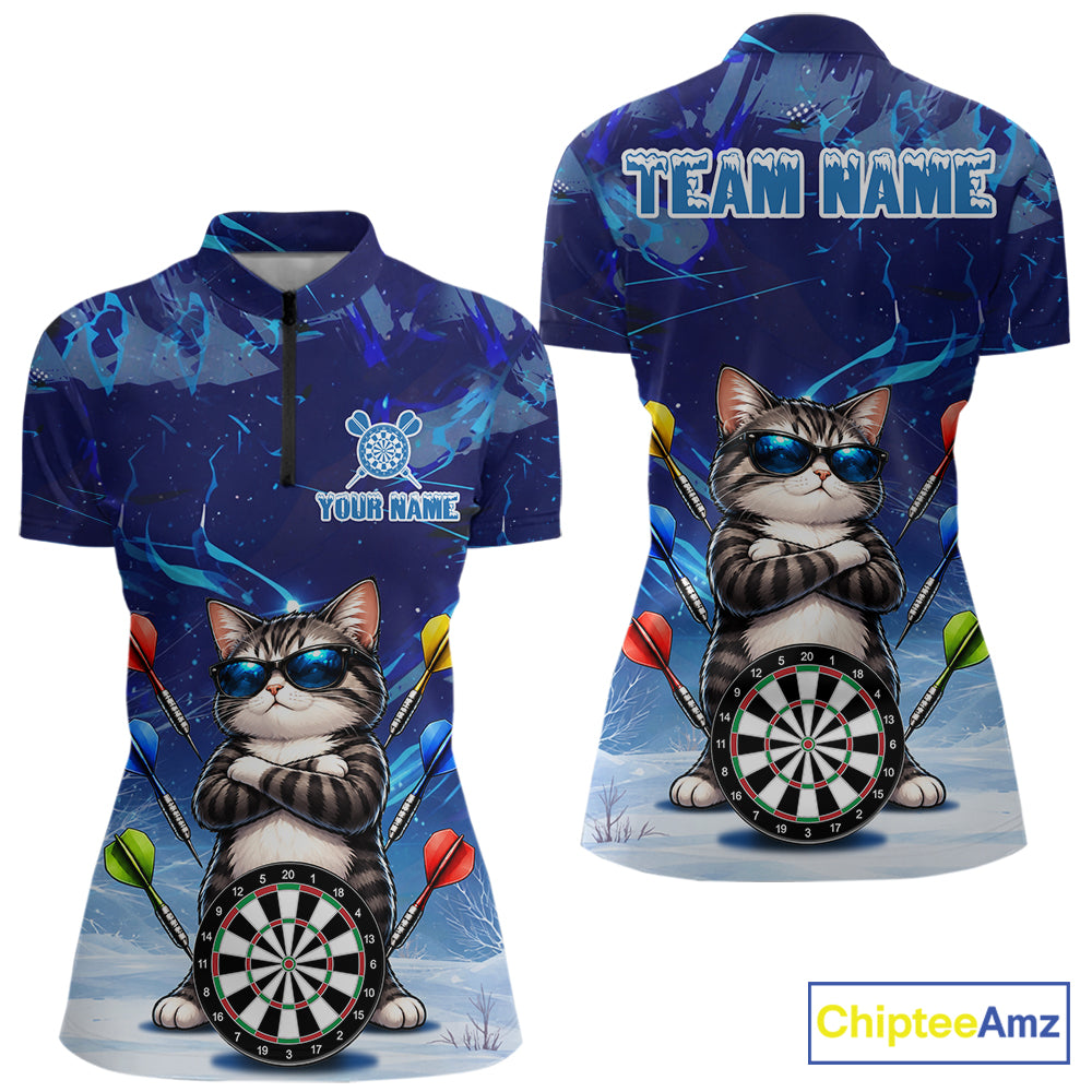 Personalized Blue Funny Cat Darts Shirt For Women Custom Darts Jersey Team Polo & Quarter Zip TDM7974
