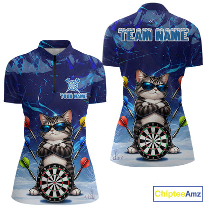 Personalized Blue Funny Cat Darts Shirt For Women Custom Darts Jersey Team Polo & Quarter Zip TDM7974