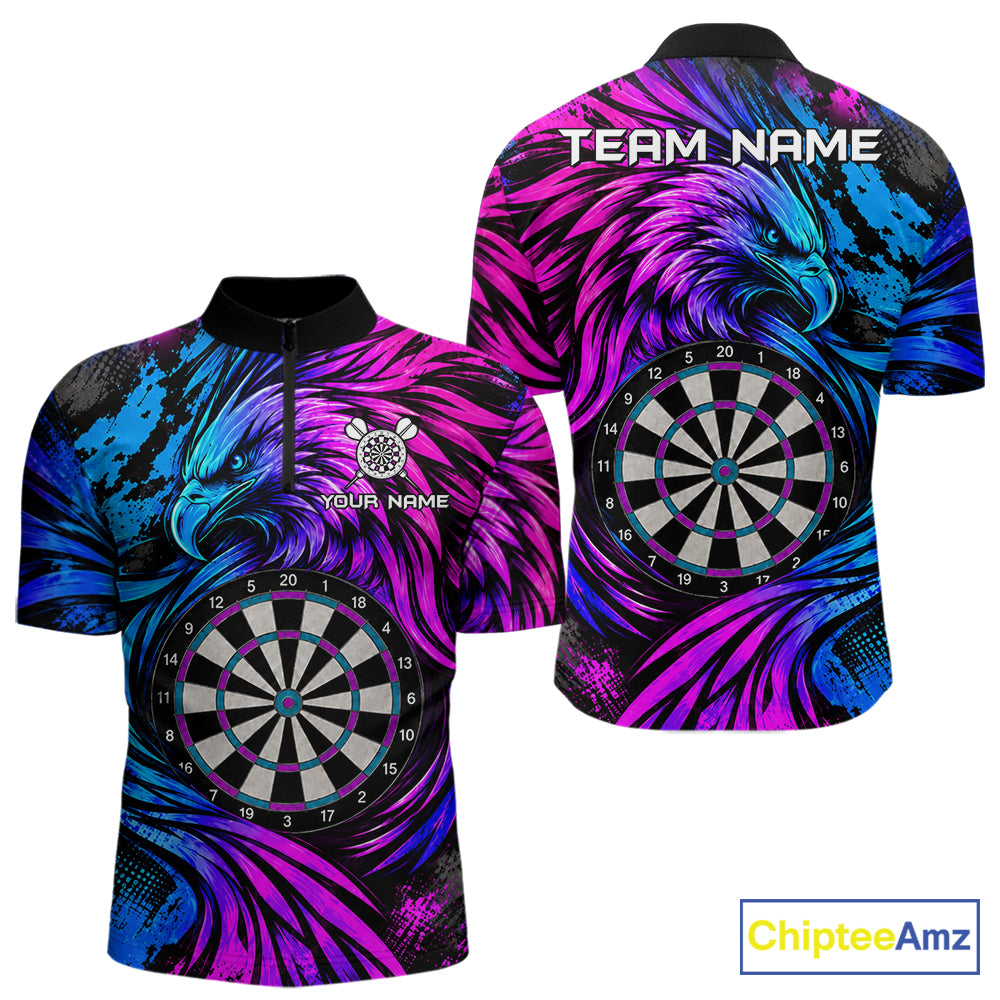 Personalized Blue And Purple Grunge Eagle Darts Shirts For Men, Darts Jersey Team Polo & 1/4 Zip TDM7980