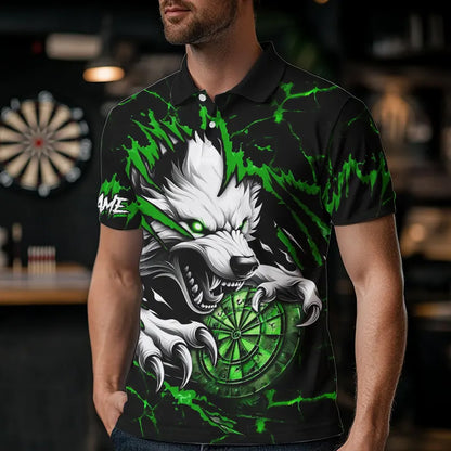 Personalized Wolf Lightning Darts Polo & Quarter Zip Custom Dart Shirts For Men Darts Jersey |Green TDM3773