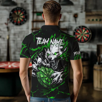Personalized Wolf Lightning Darts Polo & Quarter Zip Custom Dart Shirts For Men Darts Jersey |Green TDM3773