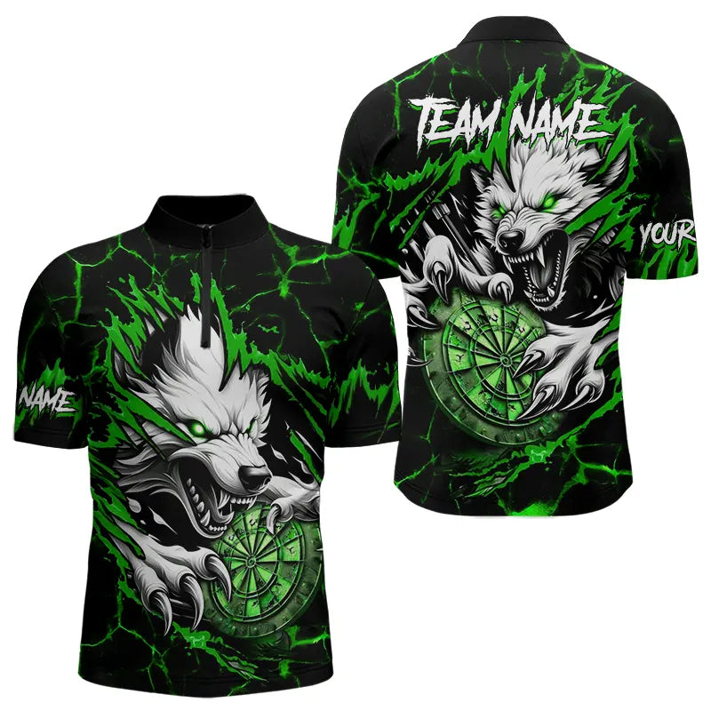 Personalized Wolf Lightning Darts Polo & Quarter Zip Custom Dart Shirts For Men Darts Jersey |Green TDM3773