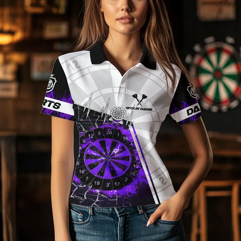 Custom Break Glass Purple Darts Shirt With Pocket Option For Women, Darts Jersey TDM3774