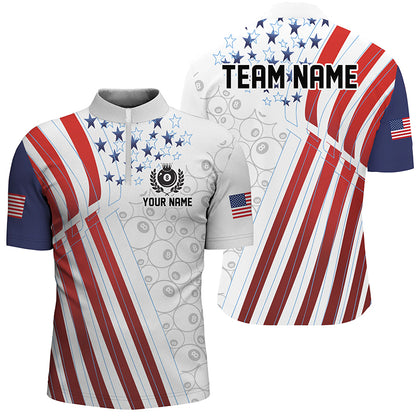 Custom Billiard 8 Ball Pool Player US Flag Men Polo & Quarter-Zip Shirts, Patriotic Billiard Jersey TDM1674