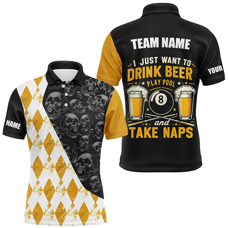 I Just Want To Drink Beer Billiard Shirt For Men Custom Yellow Argyle Skull Pattern Billiard Jersey TDM2091