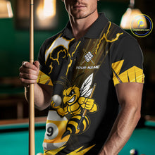Load image into Gallery viewer, Man wearing a yellow black funny bee thunder lightning 9 ball custom billiard jersey front view, personalized pool team shirt.