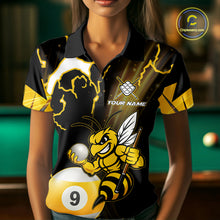 Load image into Gallery viewer, Woman wearing a yellow black funny bee thunder lightning 9 ball custom billiard jersey front view, personalized pool team shirt.