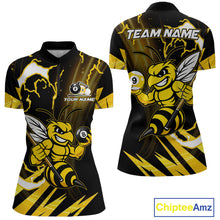 Load image into Gallery viewer, Yellow black funny bee 8 ball and 9 ball quarter zip billiard shirt for women, custom pool team jersey and tournament apparel.