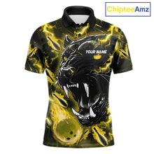 Load image into Gallery viewer, Yellow flame panther custom bowling polo shirt for men, personalized bowling team jersey for league tournaments.