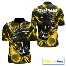 Load image into Gallery viewer, Yellow flame panther quarter zip bowling shirt for men, custom bowling team jersey and tournament apparel.