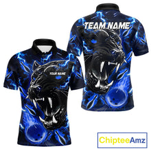 Load image into Gallery viewer, Blue flame panther bowling team polo shirt for men with custom league and tournament graphics.
